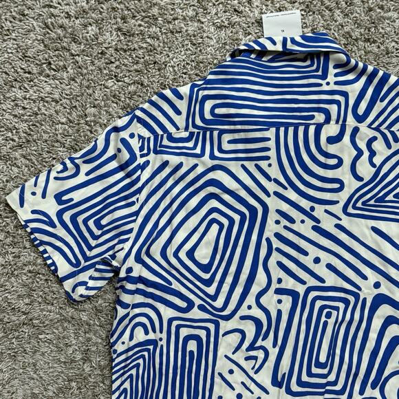 OAS Viscose Eldovado Geometric Blue White Button Up SS Shirt Men’s Size XL - Picture 5 of 7